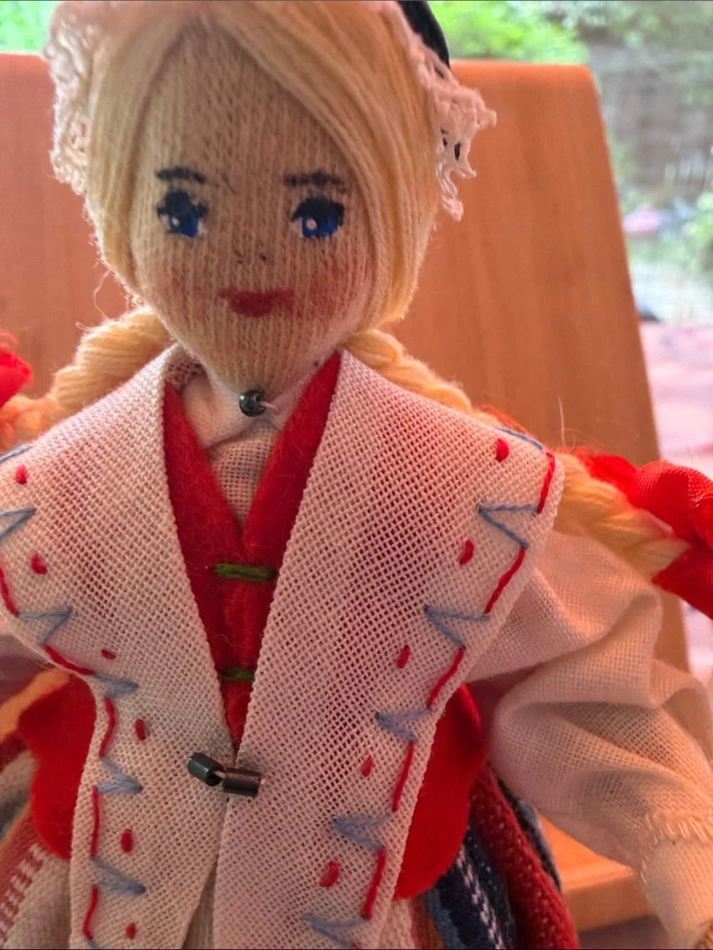 Handcrafted Girls Traditional Red & White Doll in Striped Dress